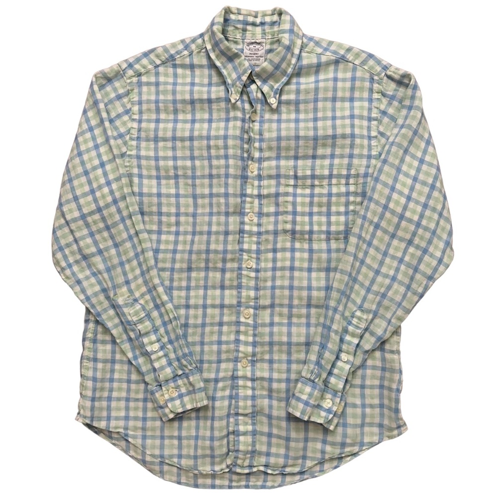 Brooks Brothers Shirt Mens Size M Regent Long Sleeve Linen Plaid Green